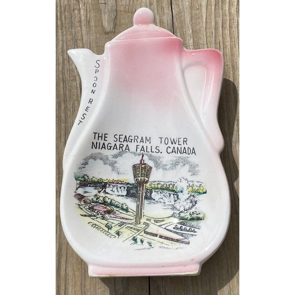 Vintage Coffe Pot Ceramic Spoon Rest Niagara Falls Souvenir 1960s Seagram Tower